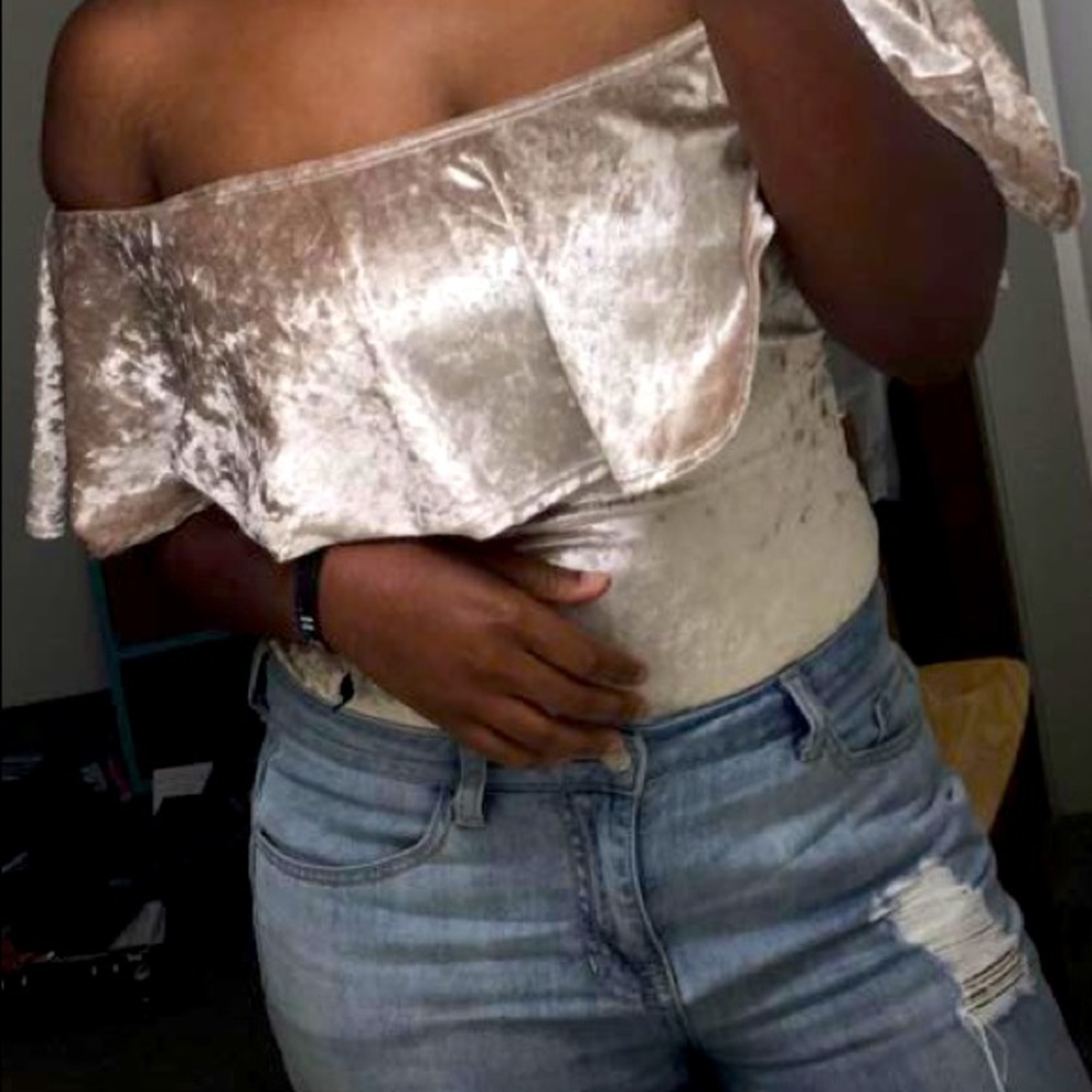 Off the shoulder, nude velvet bodysuit